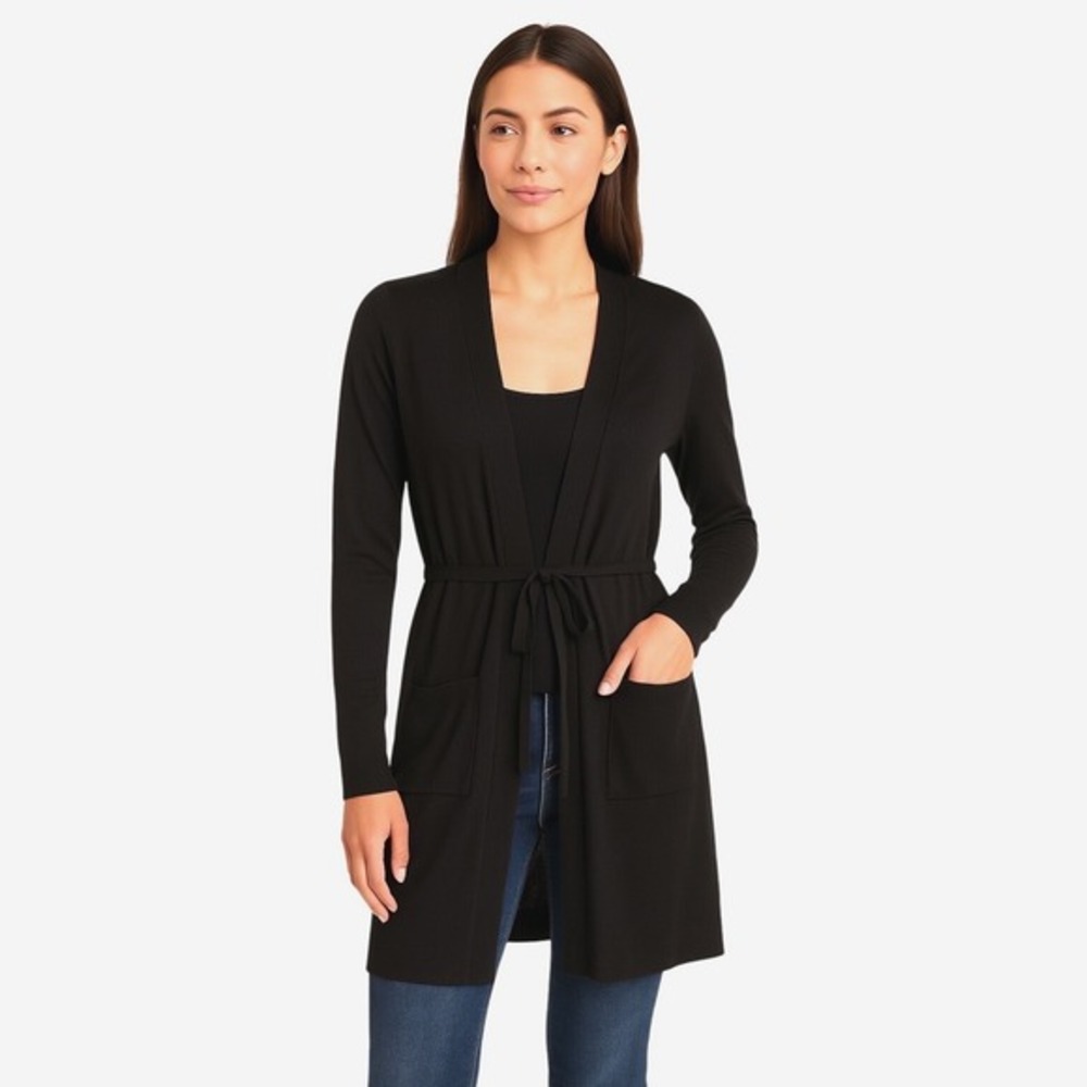 LOFT Black Sheer‎ Open Front Tie Waist Long Sleeve Cardigan Sweater SP 84-44